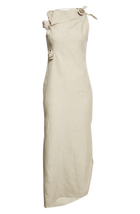 Rosette Cutout Asymmetric Linen Gown