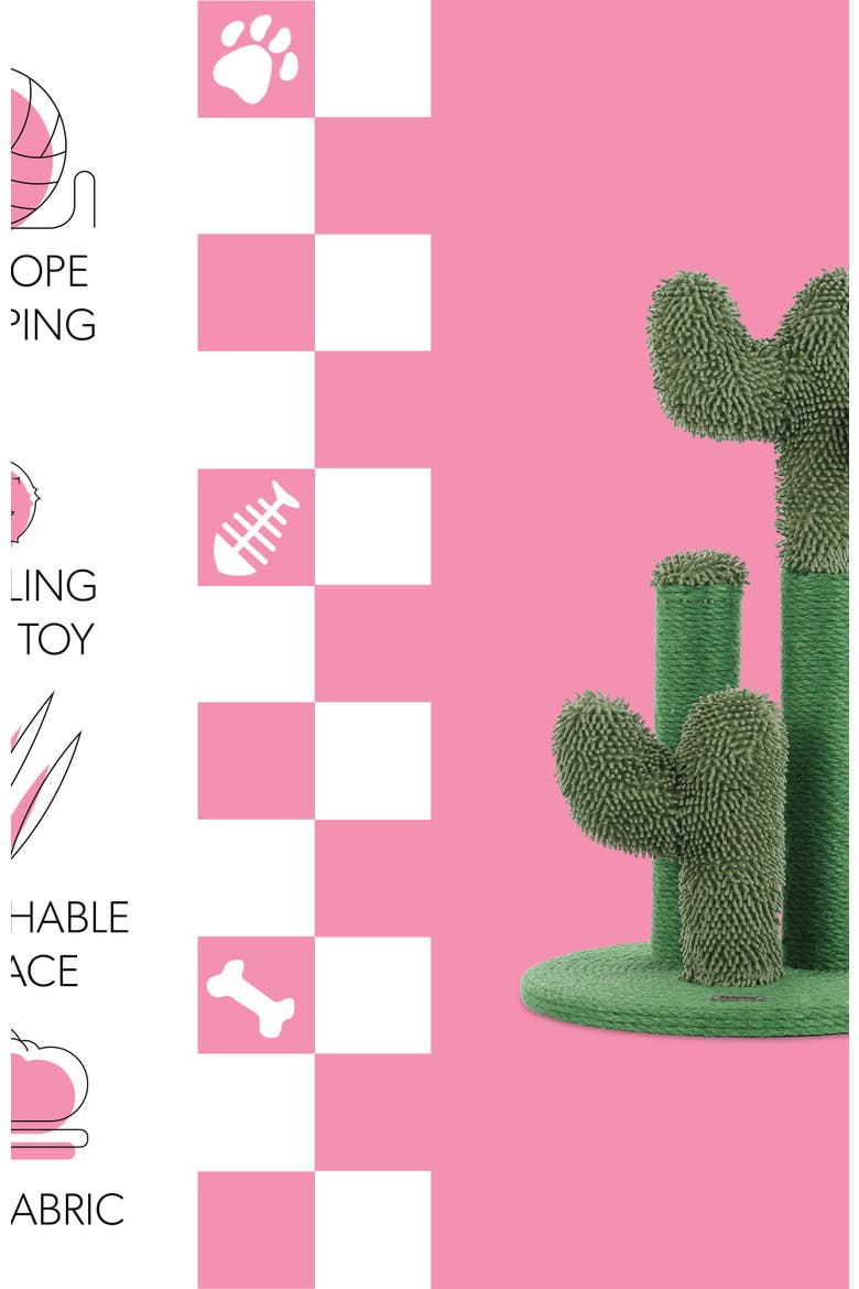 Marfa Modern Jute Triple-Cactus Cat Scratching Post with Fuzzy Toy, Alternate, color, Green