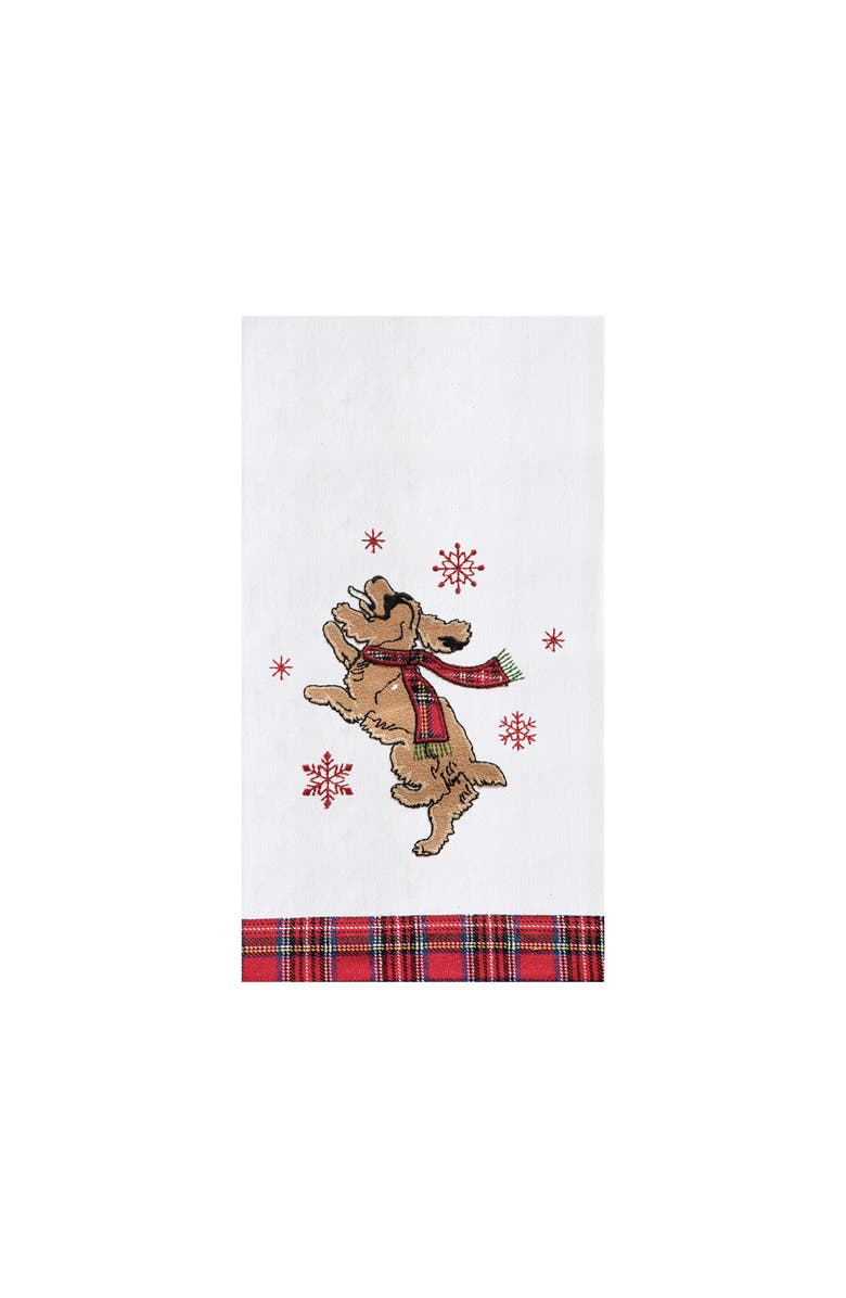 C&F Home Festive Dog Jumping Christmas Holiday Machine Washable Embellished Flour Sack Kitchen Towel 27L x 18W in., Main, color, Off-White