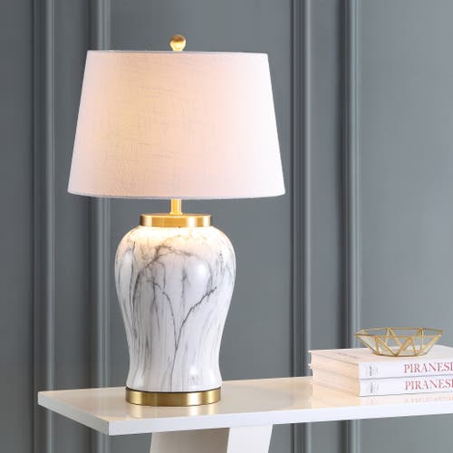 Jonathan Y Prague 28" Ceramic Marble Led Table Lamp, White/gold In White