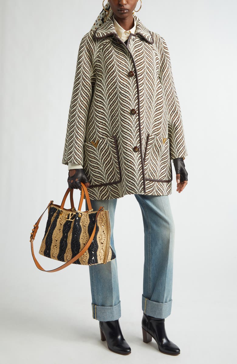 Valentino V-Detail Wool Blend Jacquard Coat, Alternate, color, 