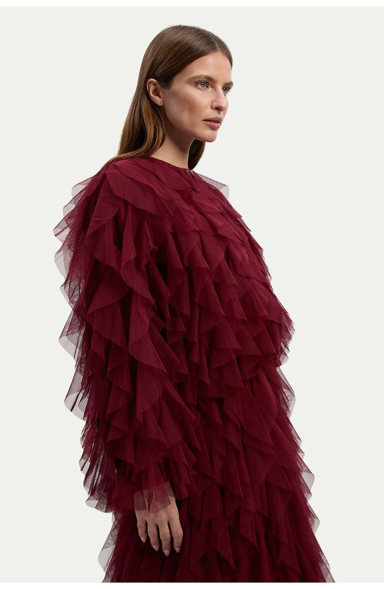 Karen Millen Tulle Ruffle Detail Woven Jacket, Alternate, color, Cabernet