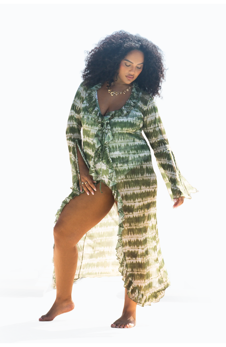 FASHION-SZN CURVE Curve Tie Dye Ruffle Resort Kaftan, Alternate, color, Green