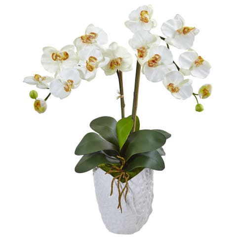 Double Phalaenopsis Orchid Artificial Arrangement in White Vase