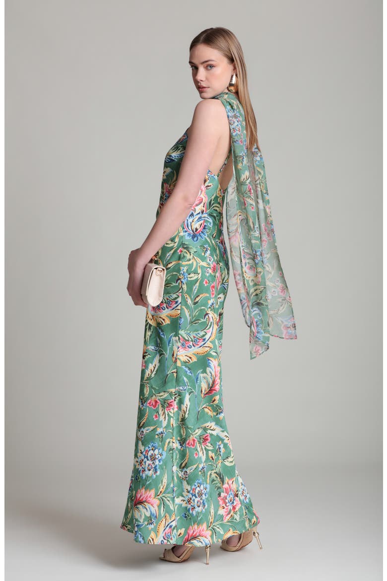 Print Scarf Sleeveless Maxi Dress, Alternate, color, OLIVE DAMASK