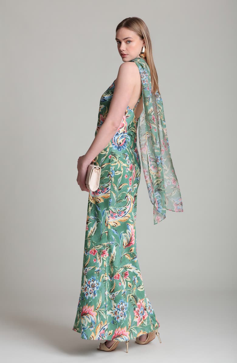 Avec Les Filles Print Scarf Sleeveless Maxi Dress, Alternate, color, Olive Damask