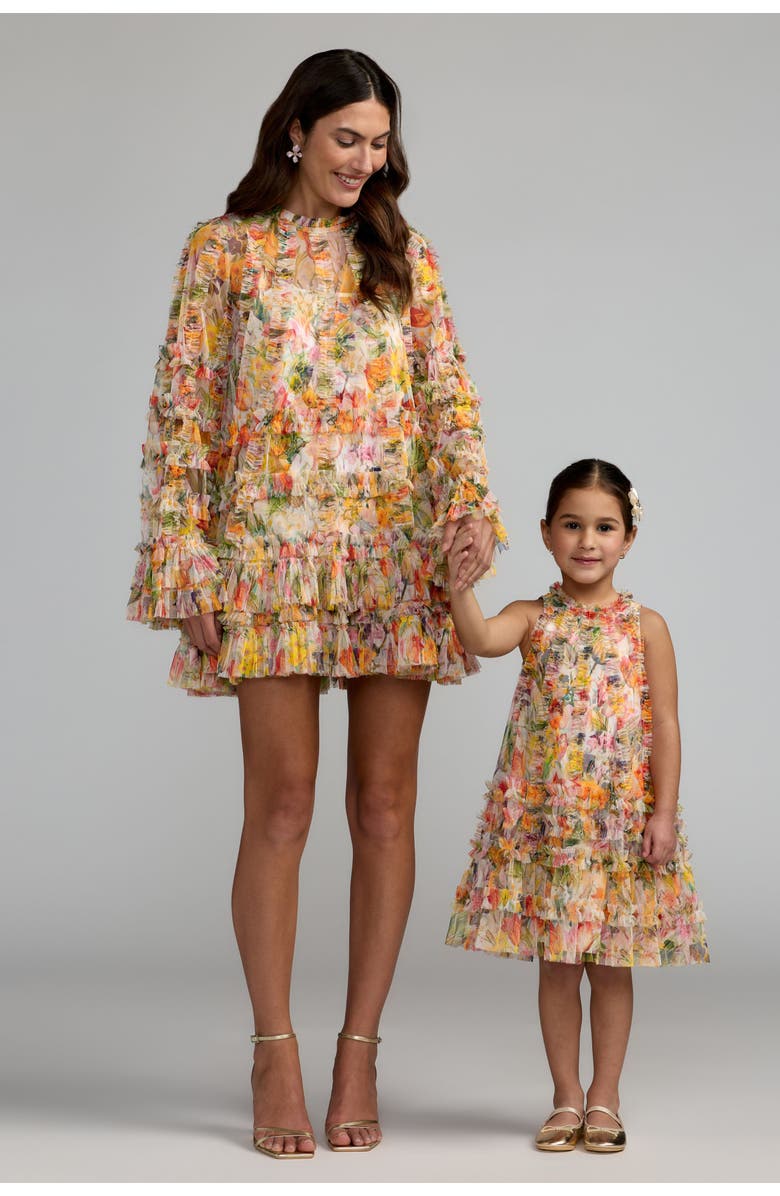 Mac Duggal Girls Mesh Floral Print A-Line Dress, Alternate, color, Multi