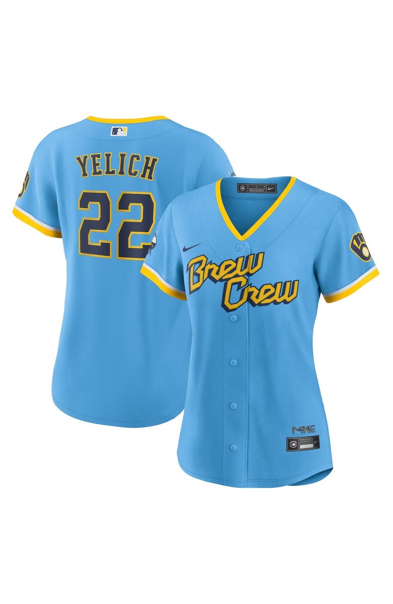 Nike Women's Nike Christian Yelich Powder Blue Milwaukee Brewers 2022 City Connect Replica Player Jersey, Main, color, Powder Blue