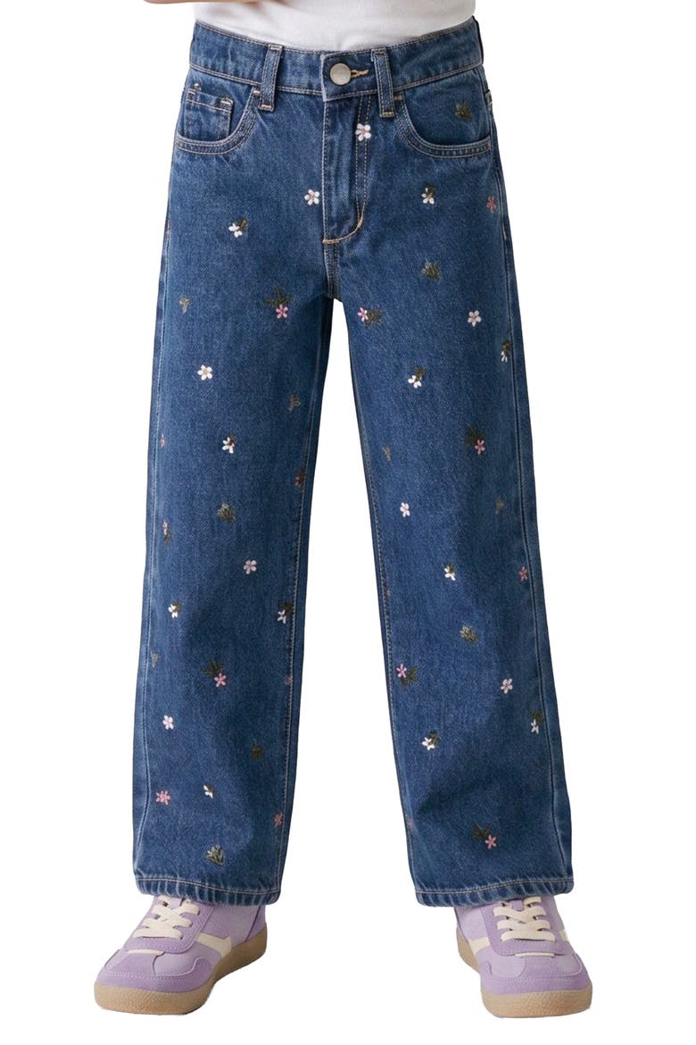 Kids' Mia Embroidered Floral Wide Leg Jeans, Alternate, color, DK WASH