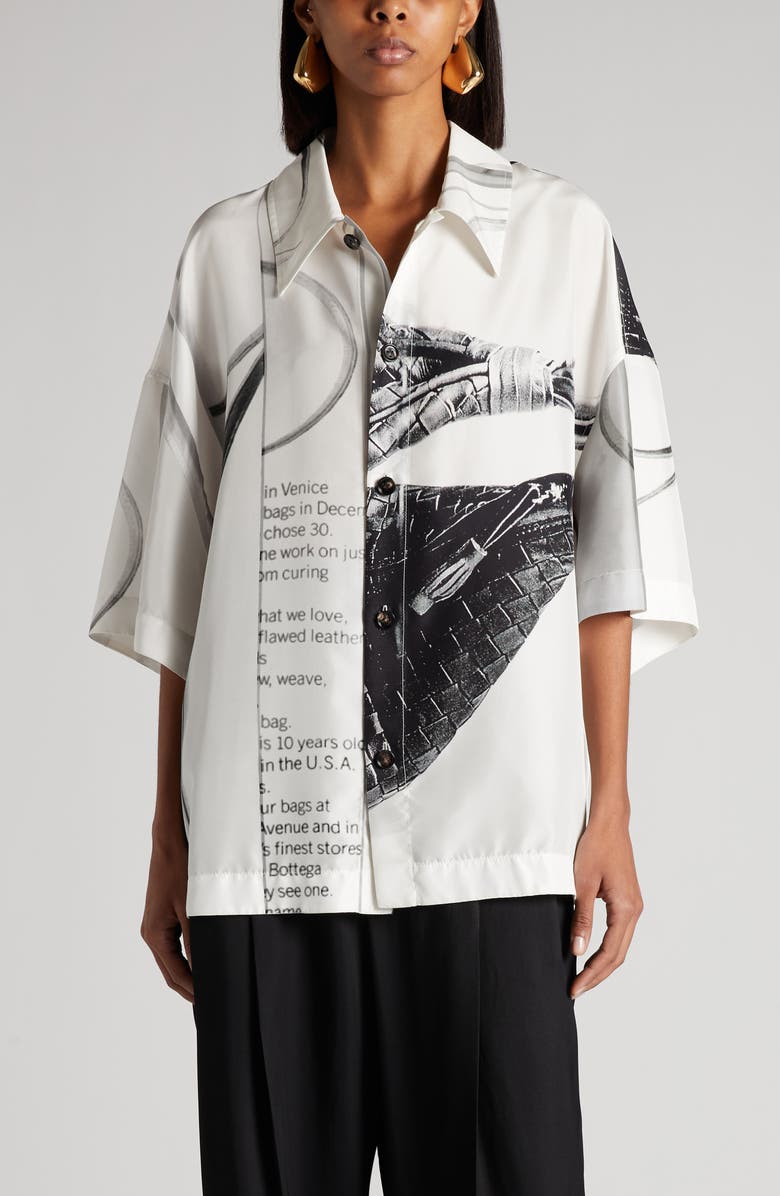 Bottega Veneta Campaign Print Oversize Silk Button-Up Shirt, Main, color, 9060 Chalk/ Black