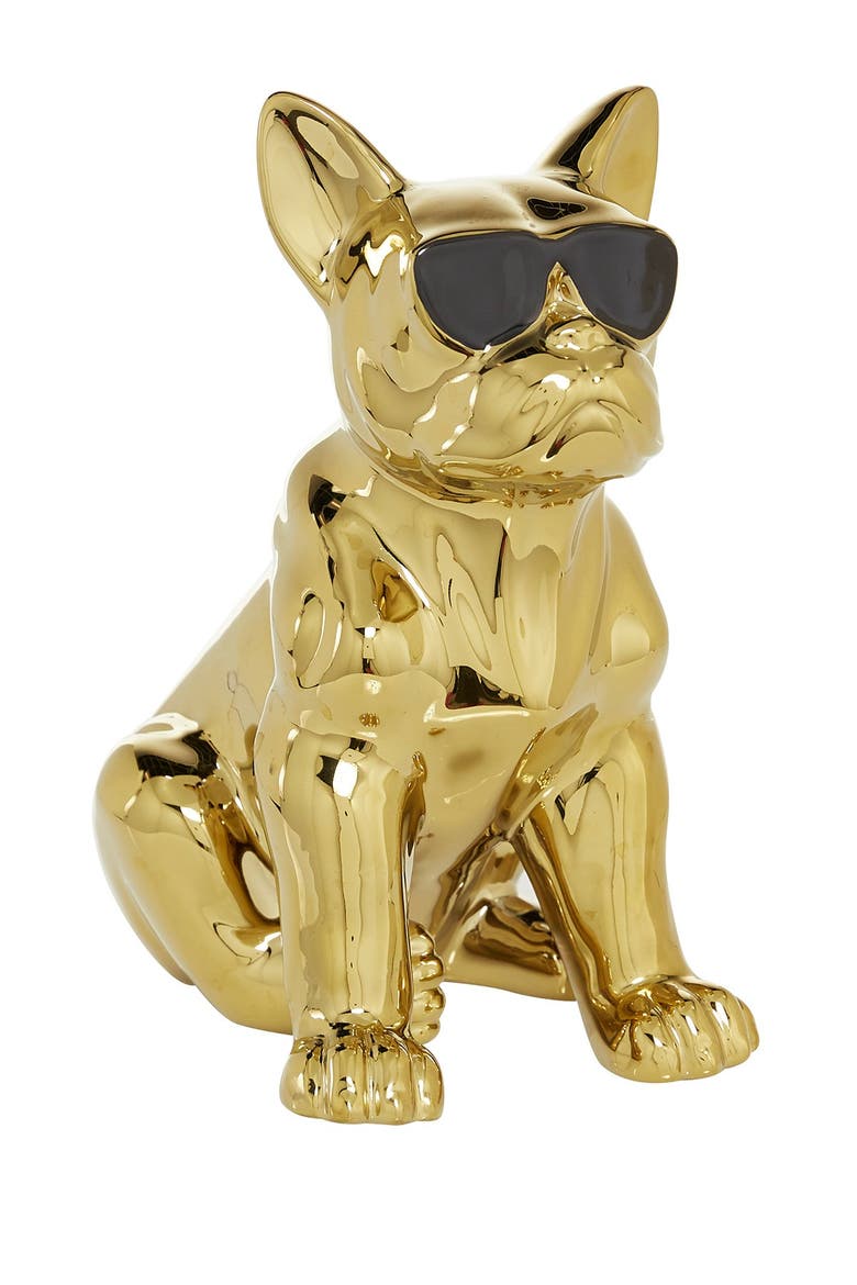 Goldtone Ceramic Bulldog Sculpture with Sunglasses, Main, color, GOLD