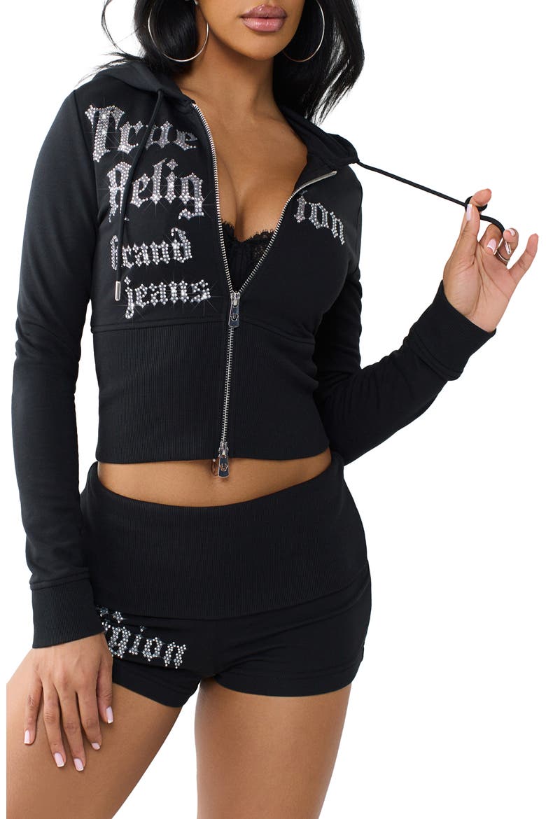 Logo Graphic Two-Way Zip Crop Hoodie, Main, color, JET BLACK