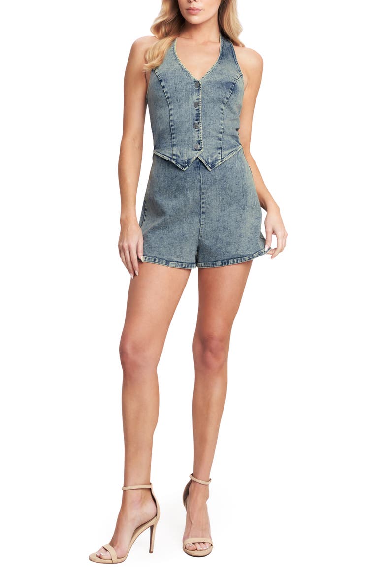 Plunge Neck Halter Denim Romper, Main, color, DENIM ACID
