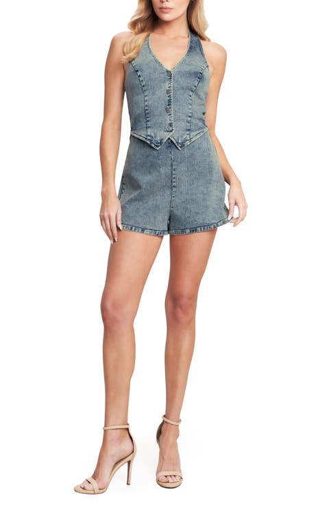 Plunge Neck Halter Denim Romper