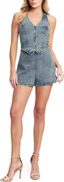 FLYING TOMATO Plunge Neck Halter Denim Romper