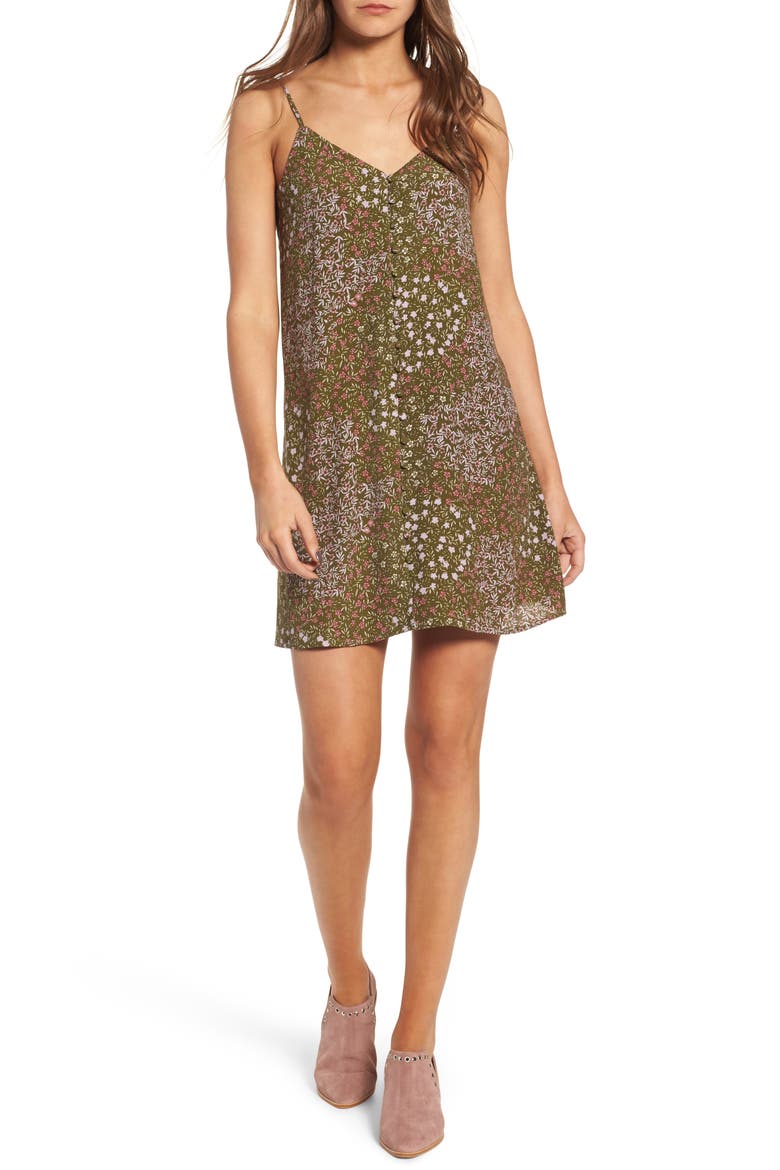 Front Button Slipdress, Main, color, OLIVE DARK PATCHWORK FLORAL