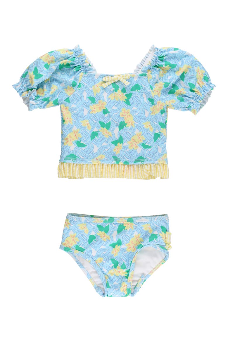 Kids' Blooming Basket Puff Sleeve Ruffle Two-Piece Swimsuit, Main, color, BLUE