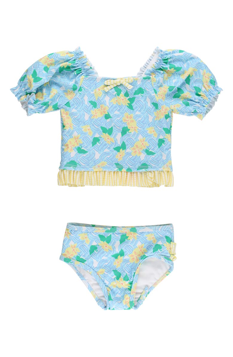 RuffleButts Kids' Blooming Basket Puff Sleeve Ruffle Two-Piece Swimsuit, Main, color, Blue