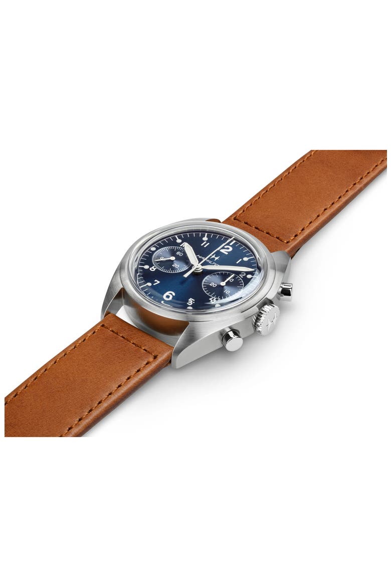 Khaki Aviation Pilot Pioneer Leather Strap Watch, 40mm, Alternate, color, BLUE
