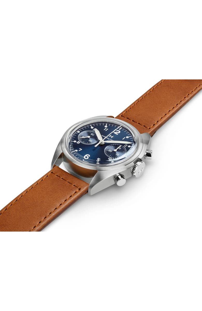 Hamilton Khaki Aviation Pilot Pioneer Leather Strap Watch, 40mm, Alternate, color, Blue
