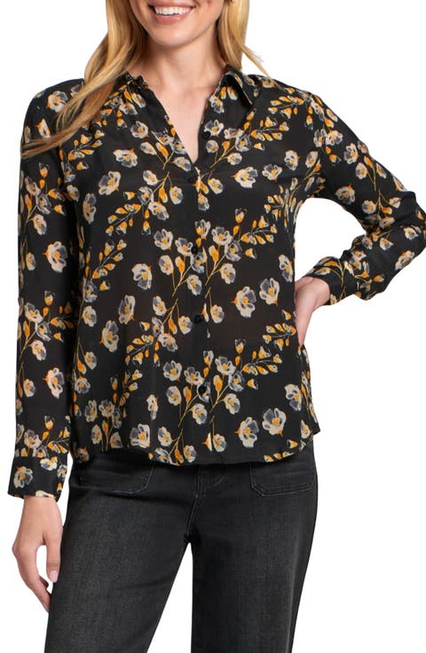 Abstract Print Roll Tab Sleeve Chiffon Button-Up Shirt