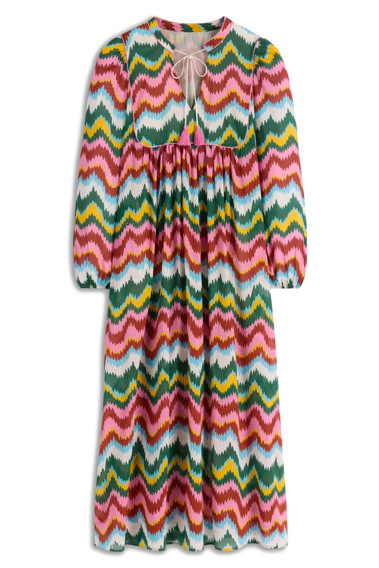 Boho Print Tie Neck Cotton Kaftan Midi Dress, Alternate, color, MULTI, ZIG ZAG WAVE