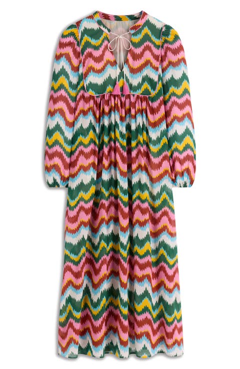 Boho Print Tie Neck Cotton Kaftan Midi Dress
