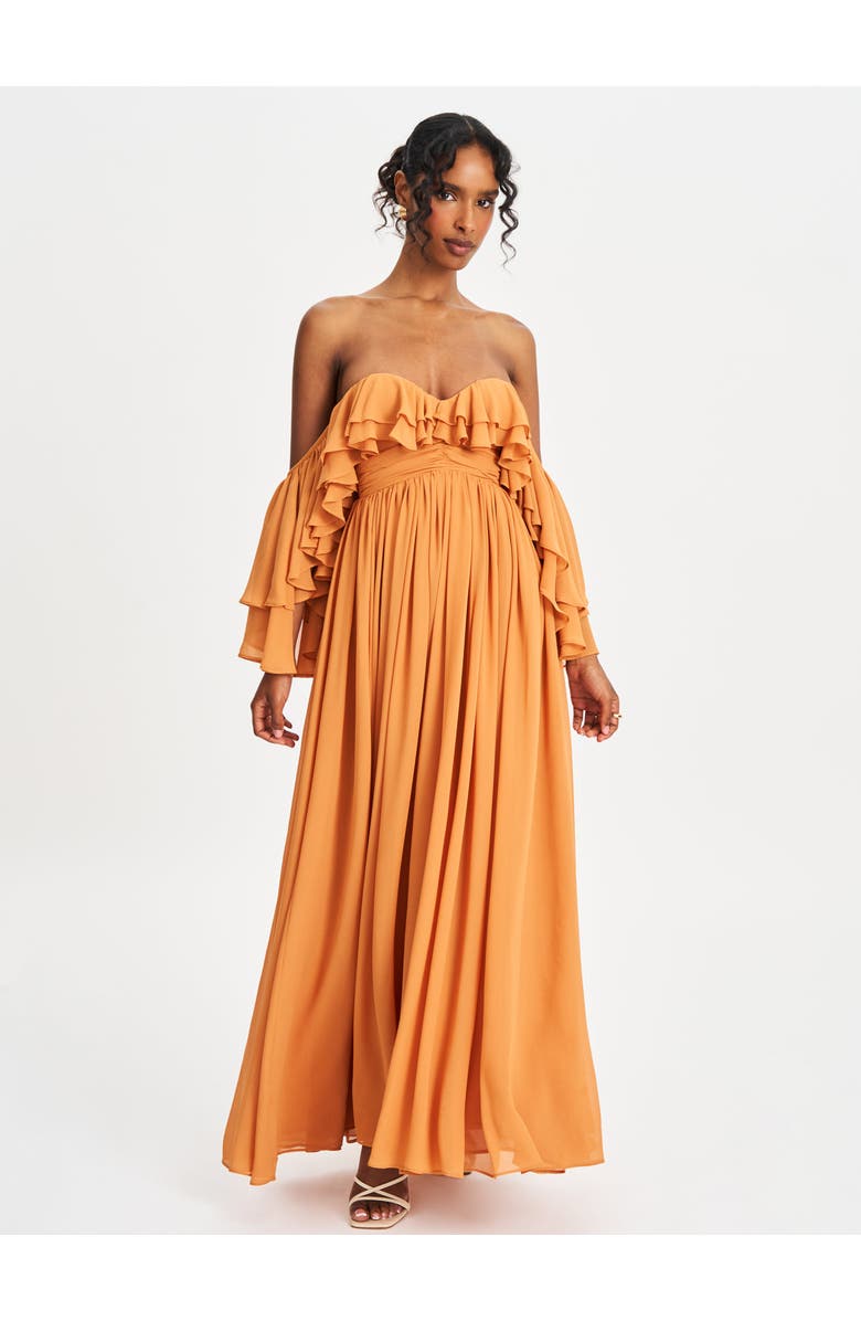 Miss Circle Kaela Off Shoulder Chiffon Maxi Dress, Main, color, Brickwork