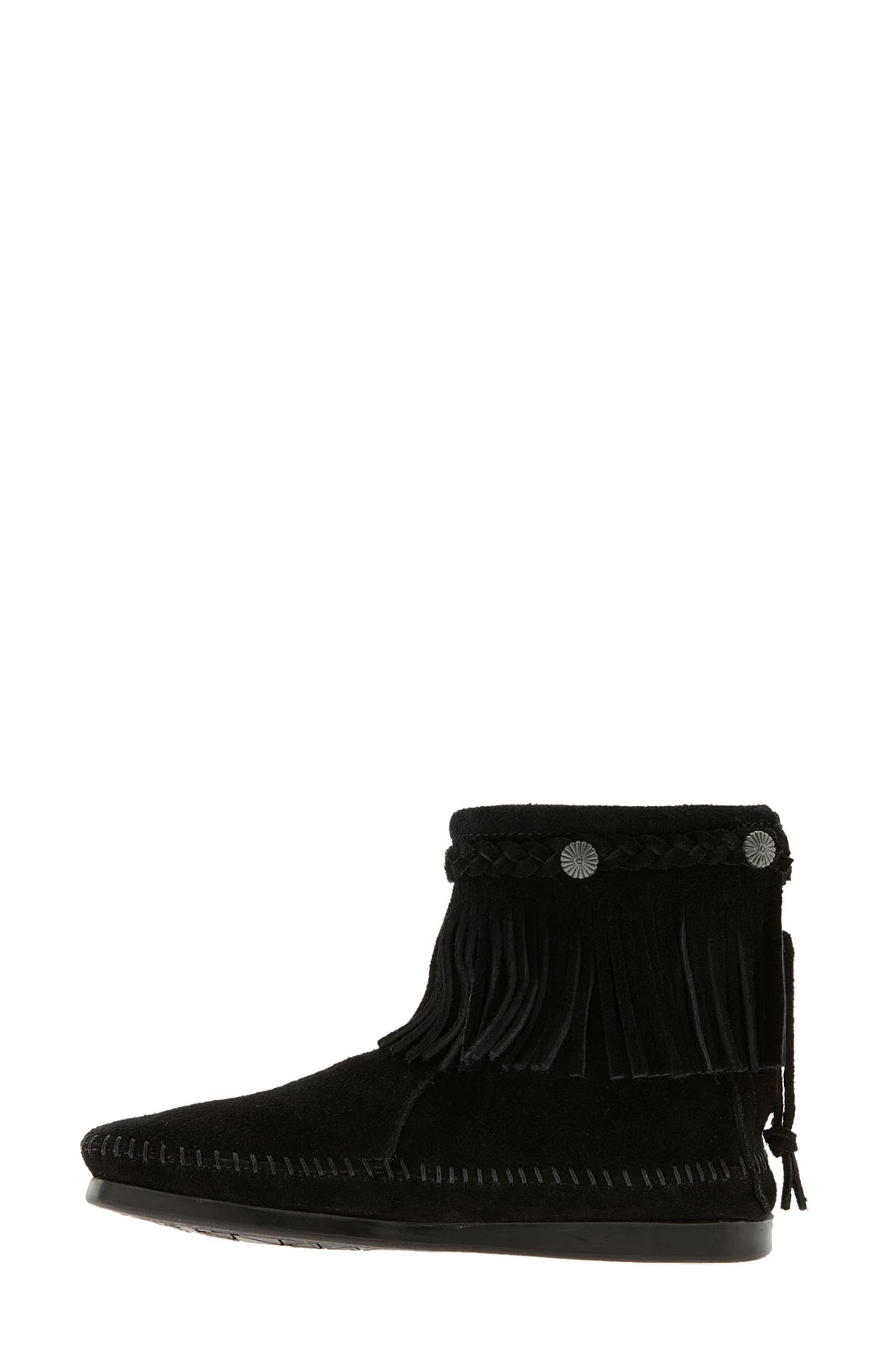Minnetonka Fringe Bootie, Alternate, color, Black