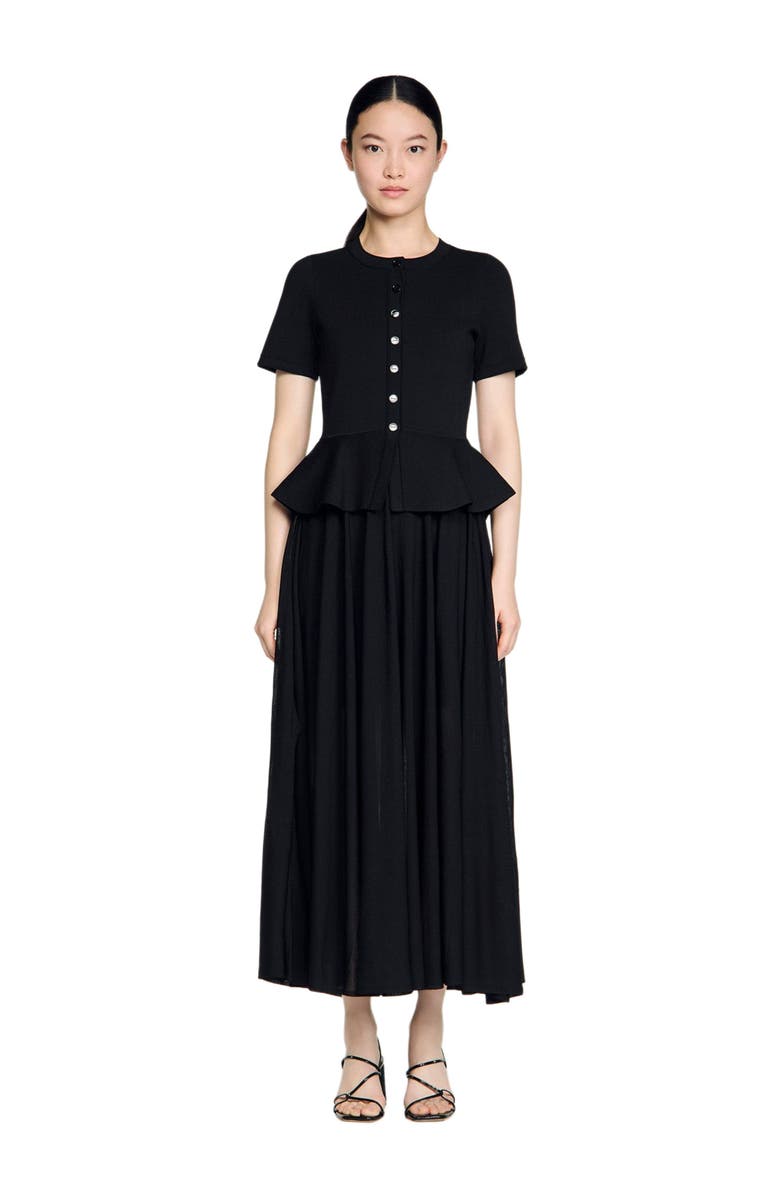 SANDRO Peplum knit maxi dress, Main, color, Black