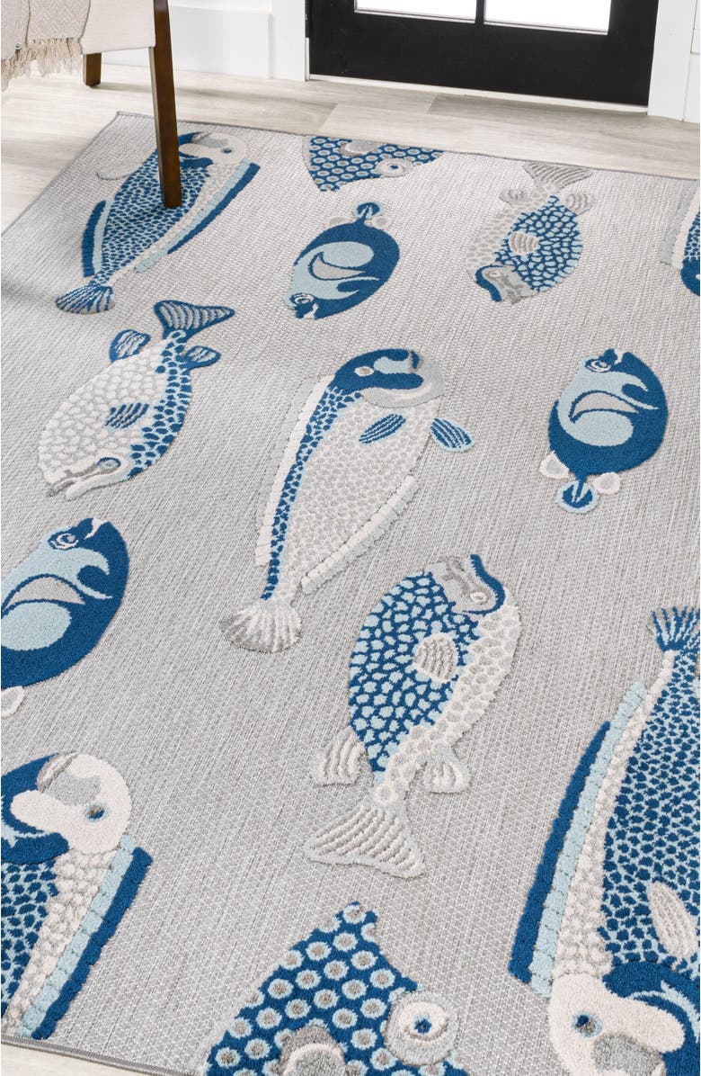 JONATHAN Y Algarve Modern Fish High-Low Indoor/Outdoor Area Rug, Alternate, color, Gray/Navy