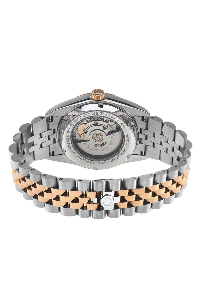 GEVRIL West Village Automatic Two-Tone Bracelet Watch, 40mm, Alternate, color, Silver/ Rose Gold