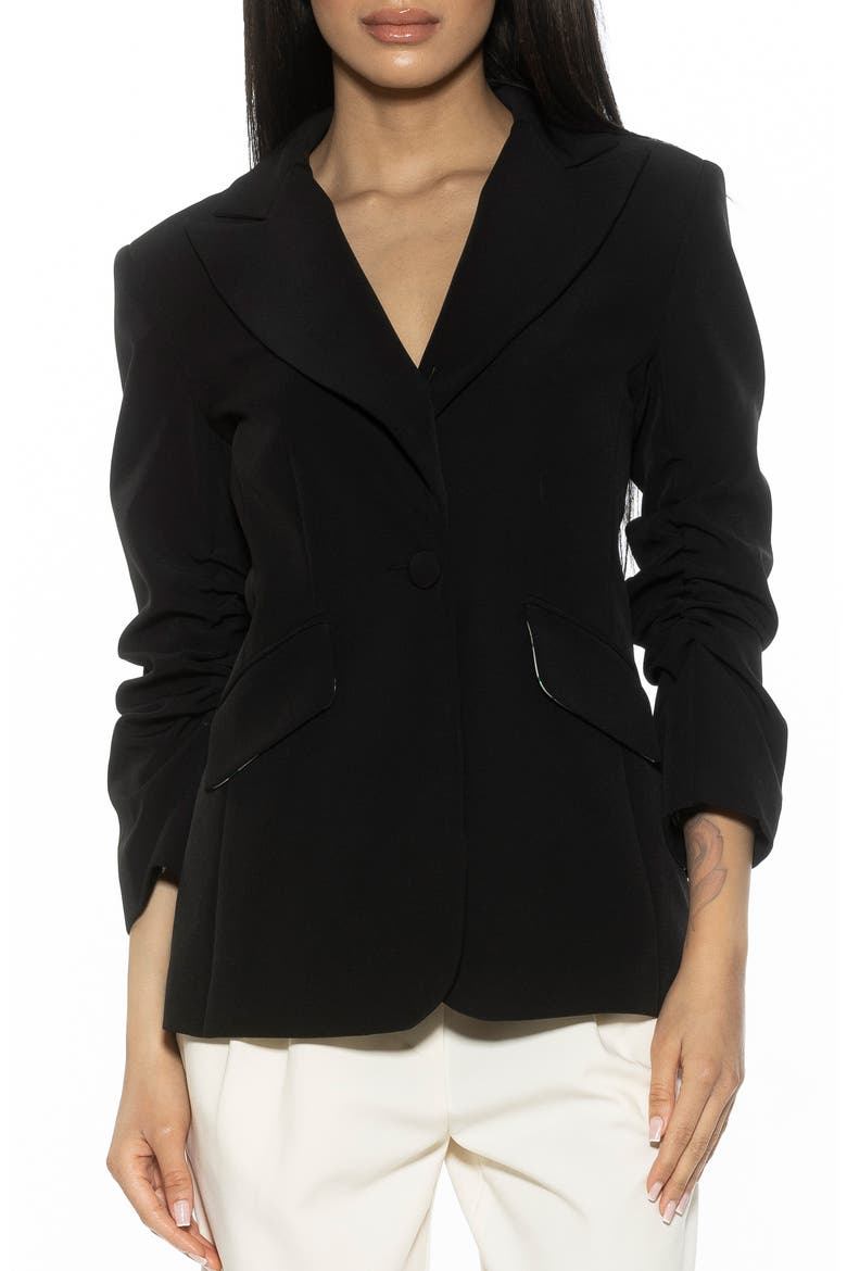 Ruched Sleeve One-Button Blazer, Main, color, BLACK