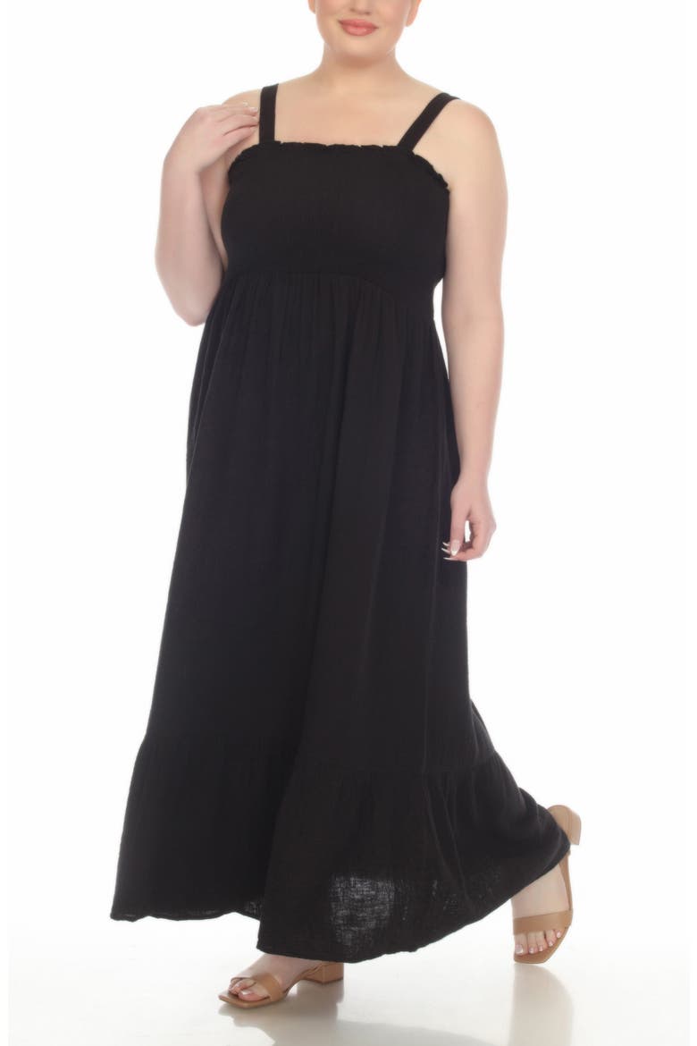 Smocked Tiered Cotton Maxi Sundress, Alternate, color, BLACK