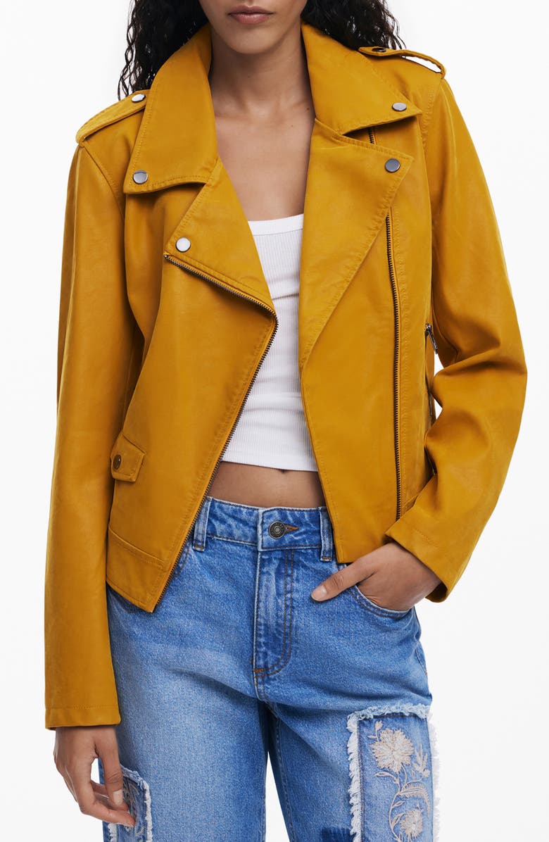 Desigual Faux Leather Moto Jacket, Main, color, Dark Yellow