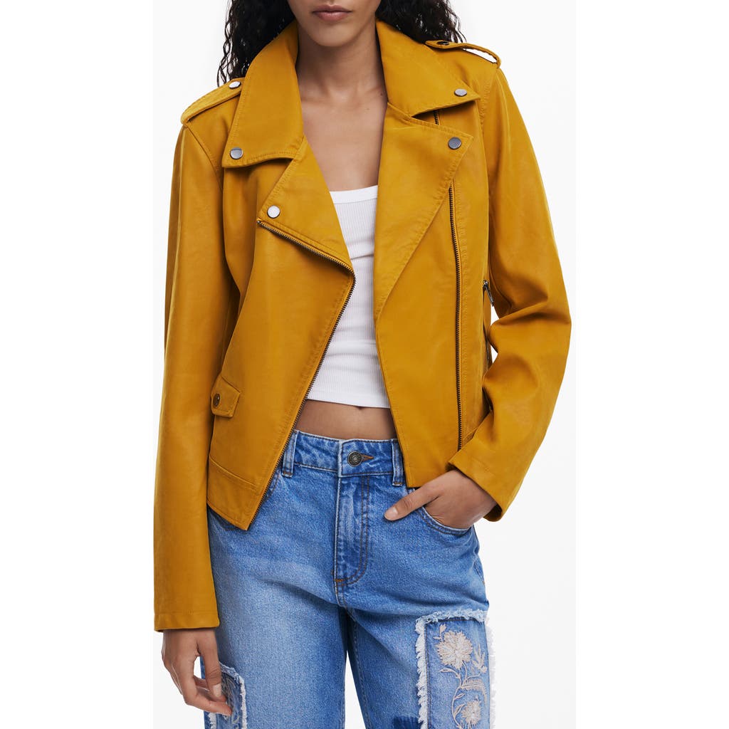 Desigual Faux Leather Moto Jacket In Yellow