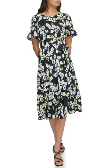 Shop Dkny Floral Godet Sleeve Fit & Flare Dress In Navy/lemon