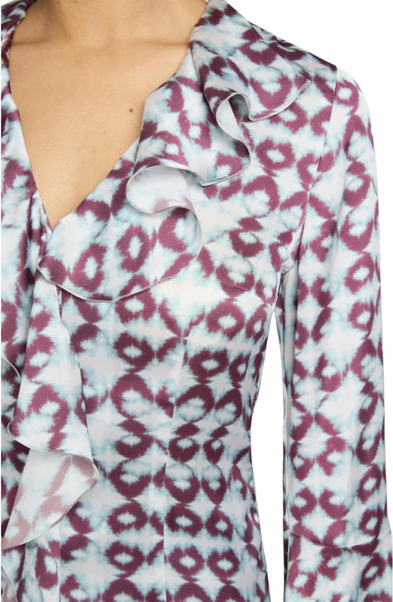 Santorelli SYDNEY Long Sleeve Button Down Blouse with Ruffles in Graphic Printed Charmeuse, Alternate, color, Ocean Mist