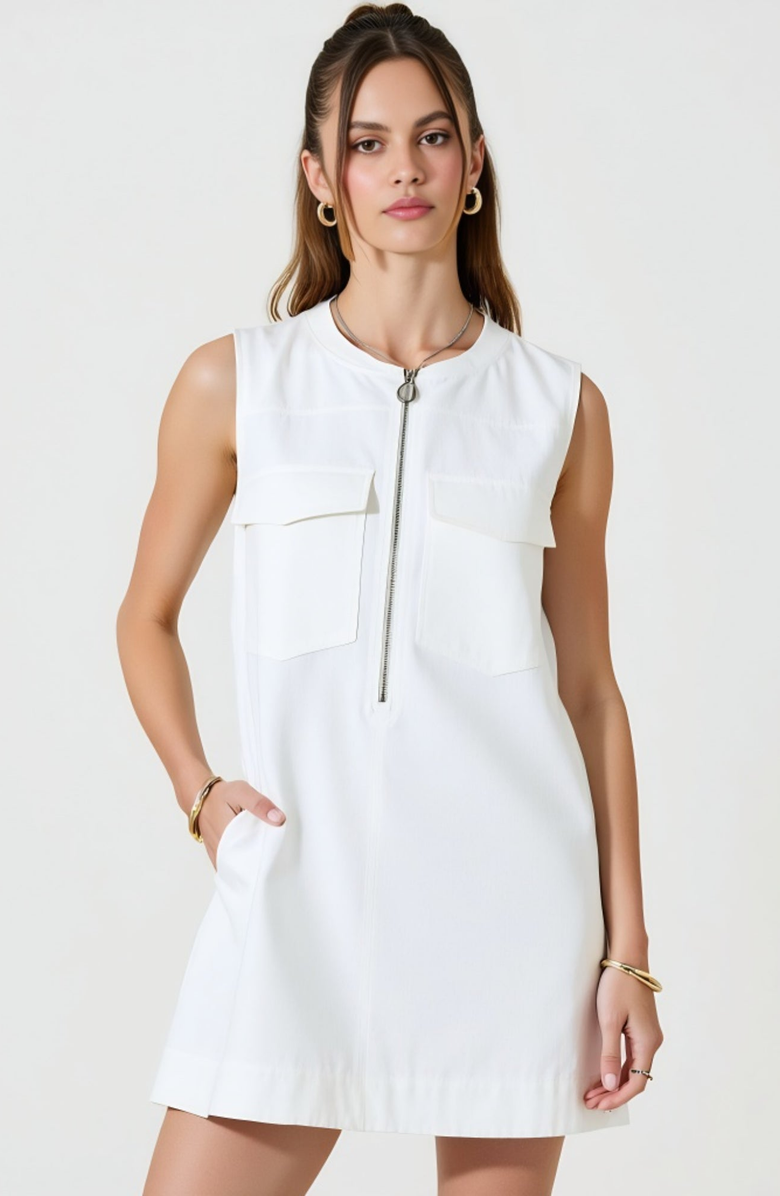 Modenaire Sleeveless Ring-Pull Zip-Front Patch-Pocket Mini Dress, Alternate, color, White