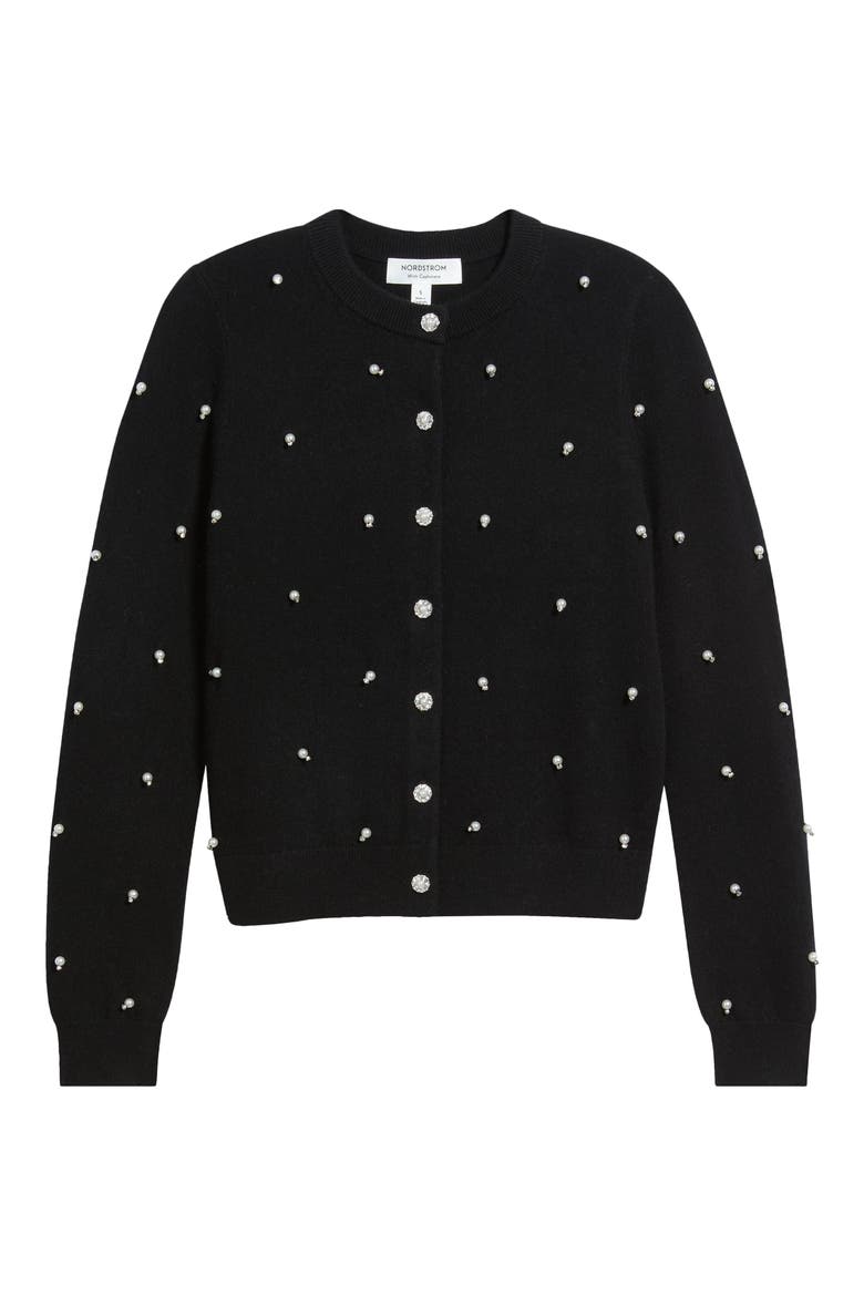 Pearly Crystal Embellished Wool & Cashmere Cardigan, Main, color, BLACK ROCK