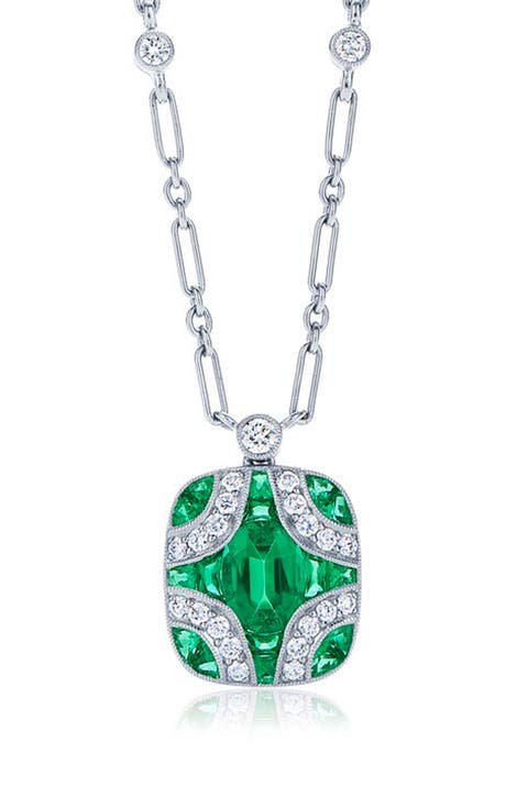18k Gold Diamond & Emerald Pendant Necklace