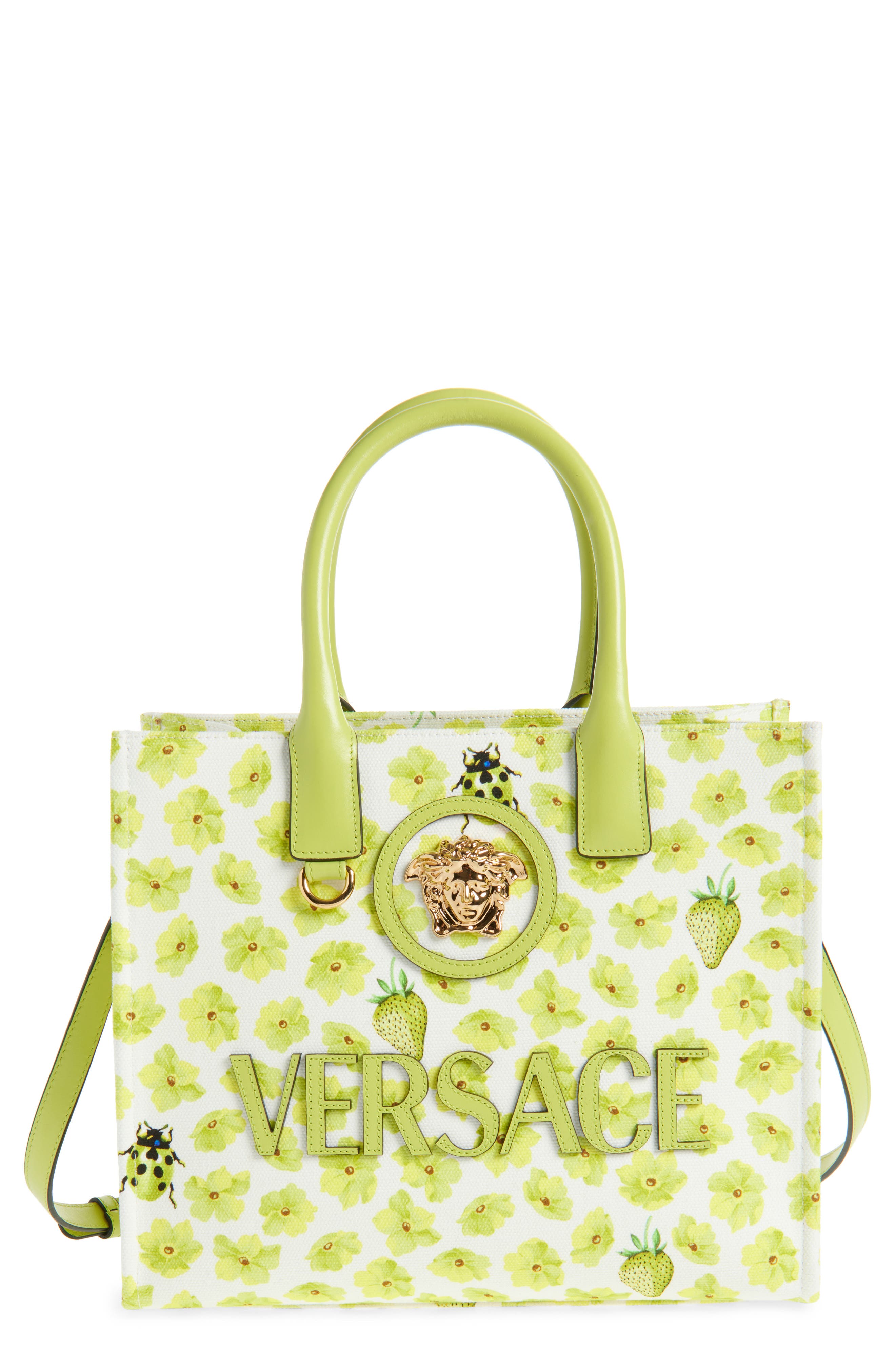 Versace Small Strawberry Canvas Medusa Tote, Main, color, 