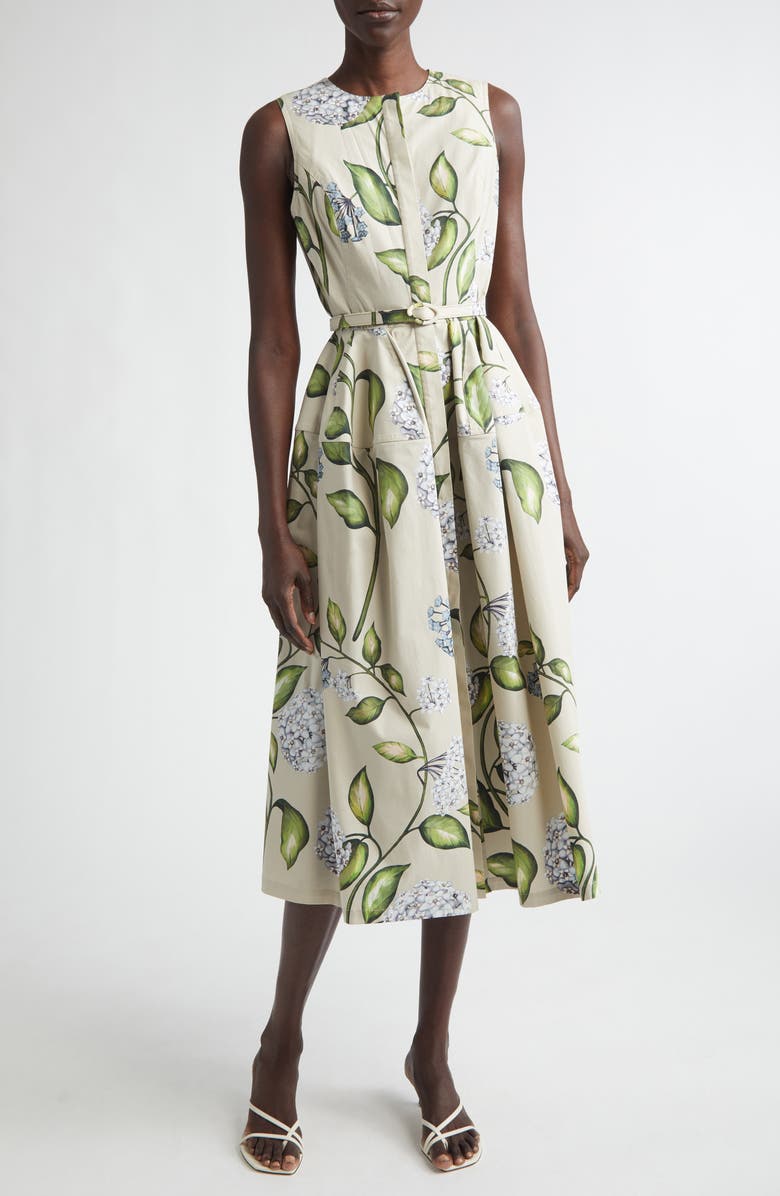 Oscar de la Renta Porcelain Flowers Belted Stretch Cotton Poplin Shirtdress, Main, color, Denim/ Oatmeal