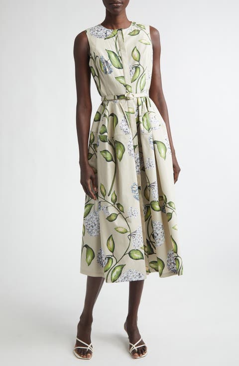 Porcelain Flowers Belted Stretch Cotton Poplin Shirtdress