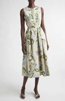Porcelain Flowers Belted Stretch Cotton Poplin Shirtdress