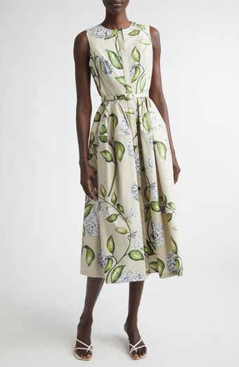 Porcelain Flowers Belted Stretch Cotton Poplin Shirtdress
