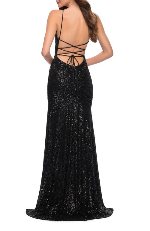 La Femme Lace Up Back Sequin Gown With Flare Skirt In Black