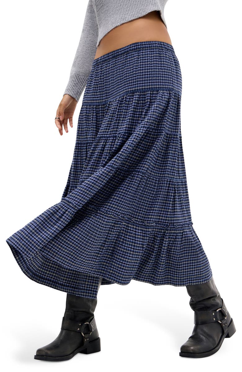 BDG Urban Outfitters Becks Smocked Tiered Cotton Midi Skirt, Alternate, color, Blue