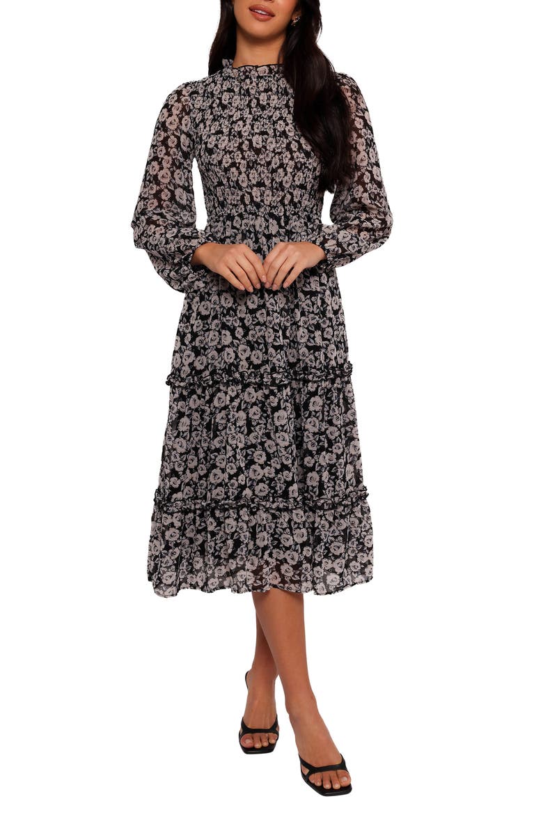 Edwina Floral Long Sleeve Tiered Midi Dress, Main, color, BLACK FLORAL