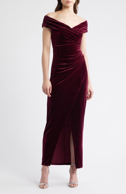 Off the Shoulder Velvet Ruched Sheath Gown